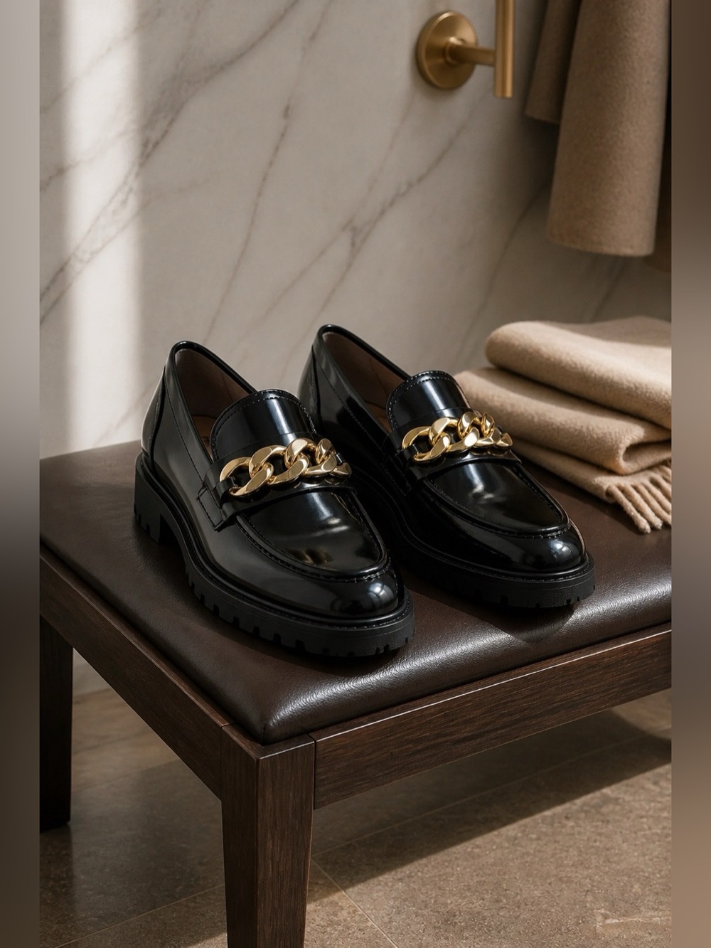 Women's INC Black Patent Loafers with Gold Chain Trim